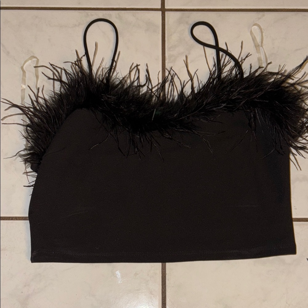 AKIRA Black Feather Trim Crop Top